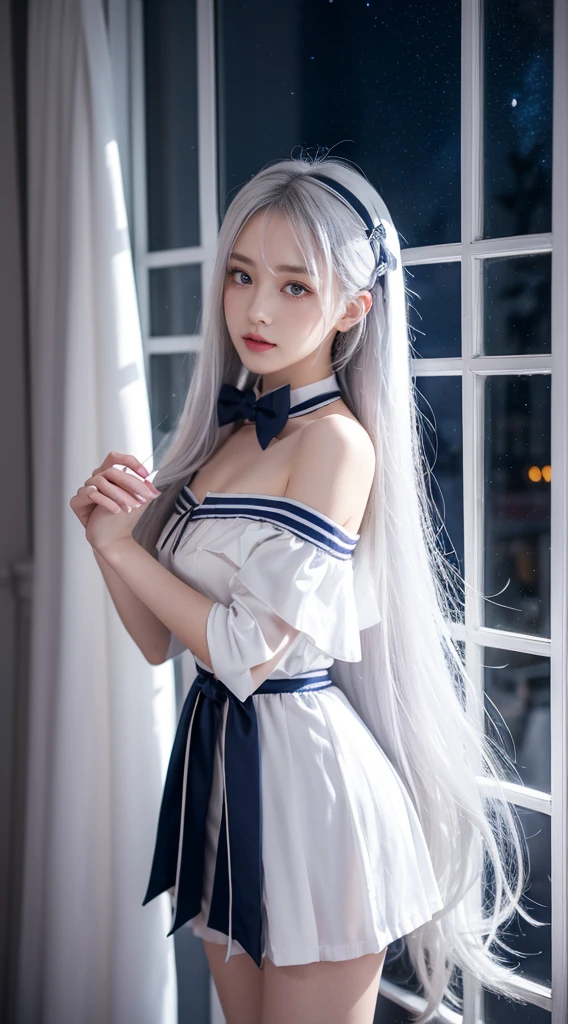 long silver-white hair and waist,stray hair curtain,two hair curtains,Dark purple eyes,high light,Dear students,a fancy turn,Like dancing,Dark blue sailor uniform off-shoulder dress,White bloomers show some.,light blue bow tie,crystal hairpin,Under the starry night sky,,chiquita,medium build,
