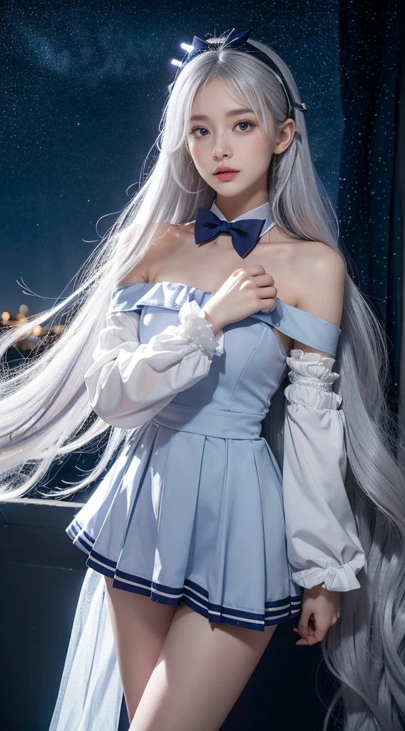 long silver-white hair and waist,stray hair curtain,two hair curtains,Dark purple eyes,high light,Dear students,a fancy turn,Like dancing,Dark blue sailor uniform off-shoulder dress,White bloomers show some.,light blue bow tie,crystal hairpin,Under the starry night sky,,chiquita,medium build,