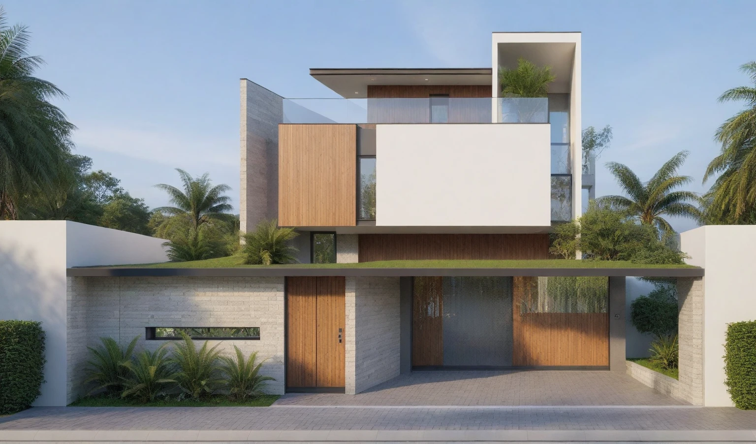 exterior house, contemporary style, white wall, wood wall, steel door, glass window, (realistic:1.2), Masterpiece, high quality, best quality, authentic, super detail, outdoors,road, trees, sky, cloud, (daylight:1.1), modern luxury villa, coconut trees, landscape, along the white beach, clear sky, day time, warm lighting RAW Photo, RAW texture, Super Realistic, 32K UHD, DSLR, soft lighting, high quality, film rating, Fujifilm XT3,Modern, Residential Architecture, car in front of house