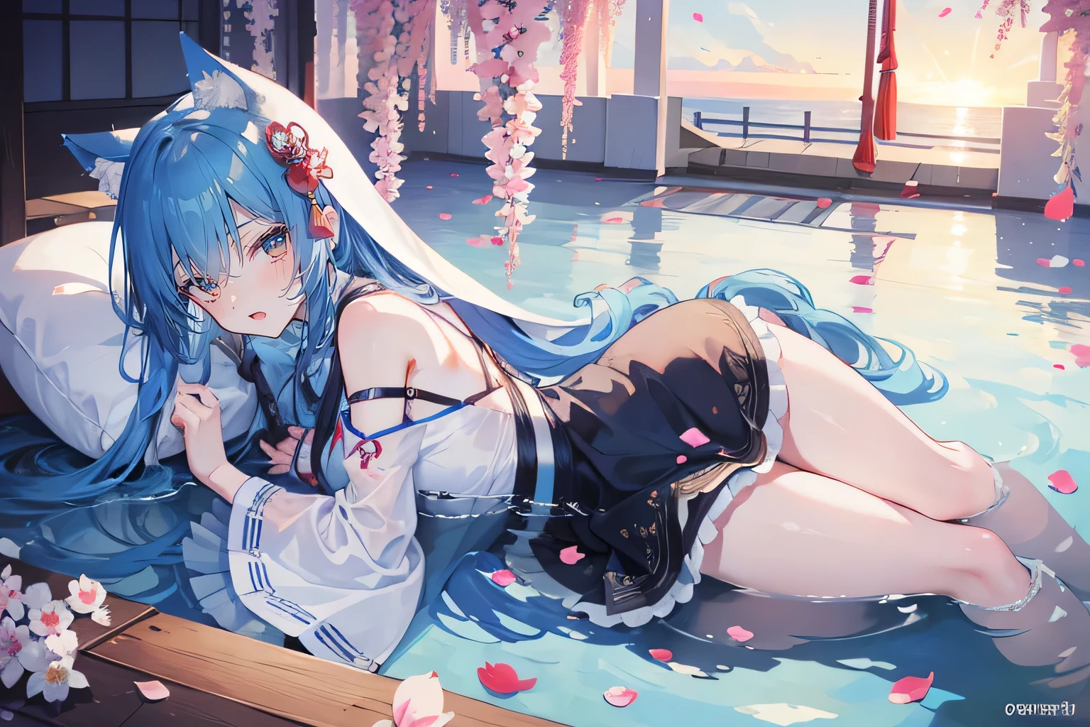 (masterpiece:1.2),Super detailed,lifelike,Expressive eyes,fair skin,perfect face shape,1 girl,
Japanese comics,Gorgeous blue hair,flowing blue hair,flowing clothes,Cat ears,Petals fall,beautiful lola,Baby Angel,
Shaking head with one hand,Cross your legs,,The pavilion is cool and comfortable,smile,back views,sunrise,Petals fall, winter,lie on the water,Nun's Clothes,stately church。