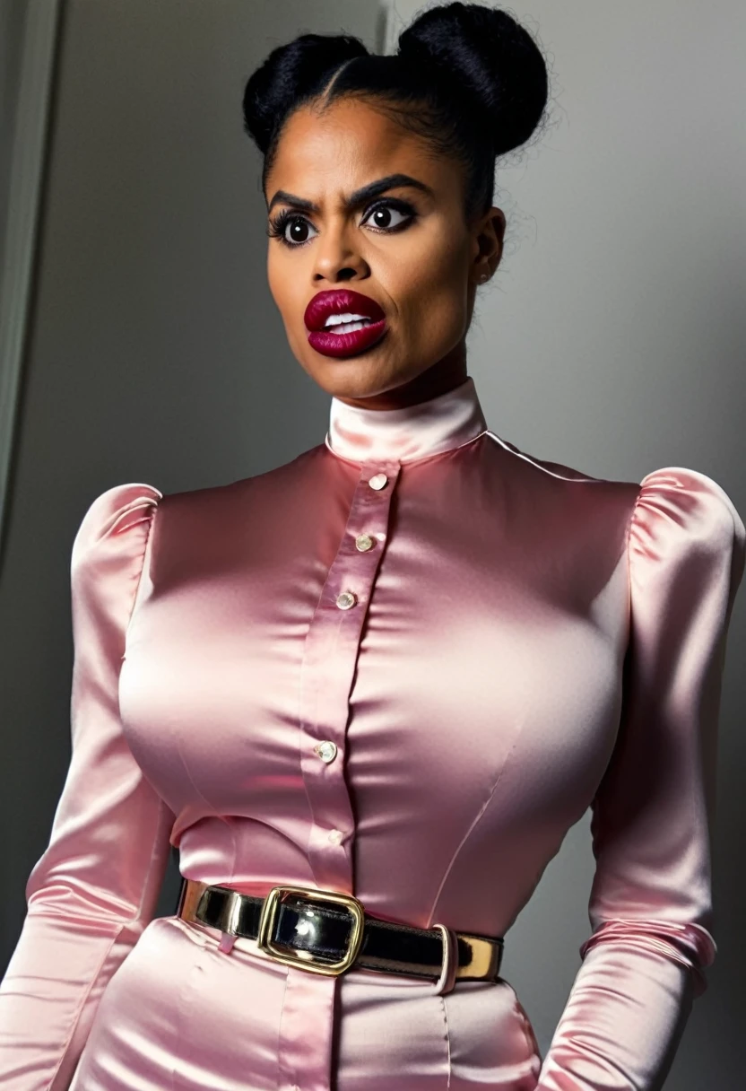 closeup shot, (muscular evil angry zazie beetz showing closed teeth with flared nostrils and furrowed brows:1.5) in a (closed satin skintight buttondown band collar blouse with large shoulder-pads and extremely tight belt:1.6), tight hairbun, silk gloves, (widened eyes), (muscular arms), subtle evil stare with flared nostrils, large shoulder-pads, (evil laugh), skintight satin pants defining her body, uptight, popped collar, stiff posture