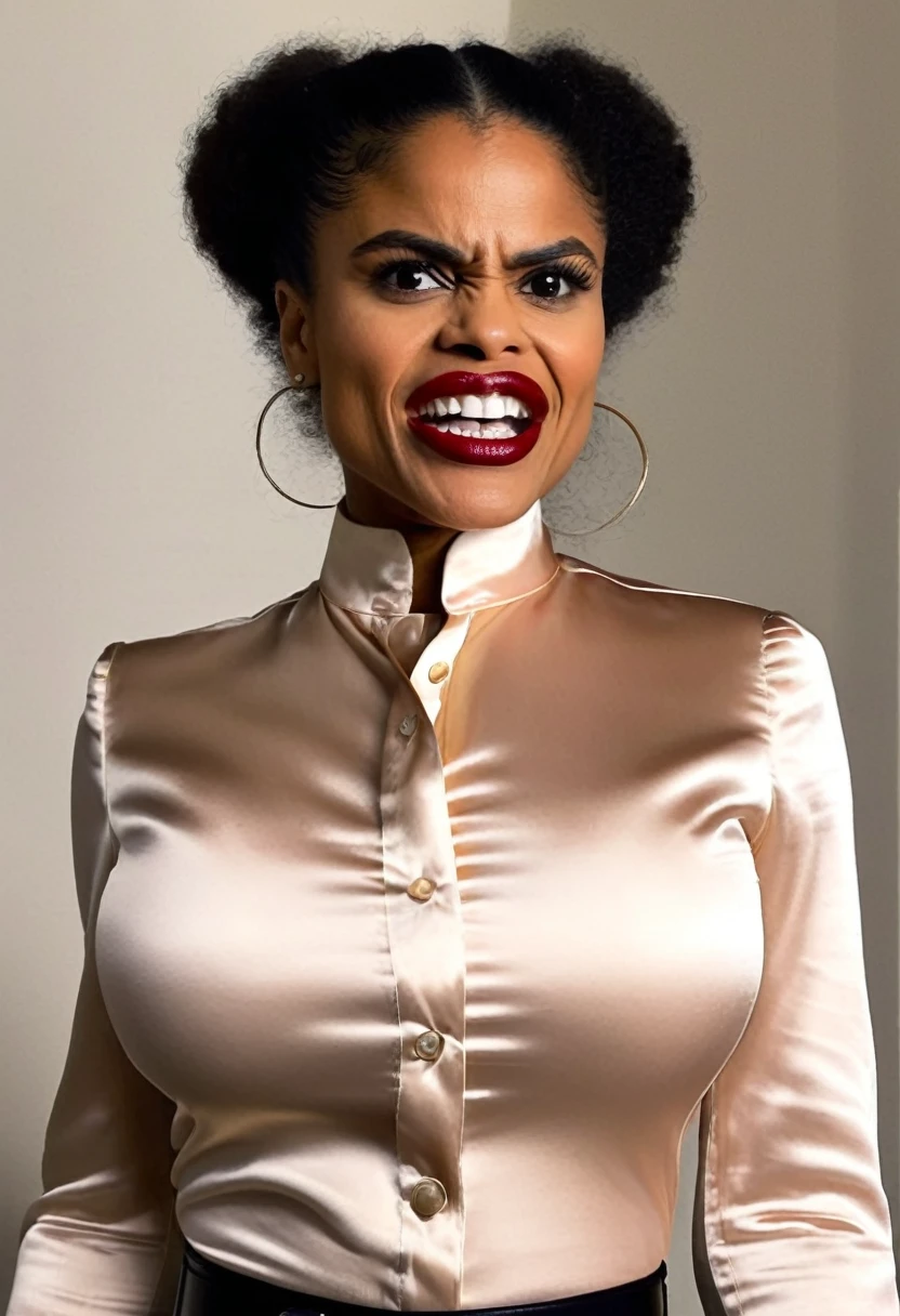 closeup shot, (muscular evil angry zazie beetz showing closed teeth with flared nostrils and furrowed brows:1.5) in a (closed satin skintight buttondown band collar blouse with large shoulder-pads and extremely tight belt:1.6), tight hairbun, silk gloves, (widened eyes), (muscular arms), subtle evil stare with flared nostrils, large shoulder-pads, (evil laugh), skintight satin pants defining her body, uptight, popped collar, stiff posture