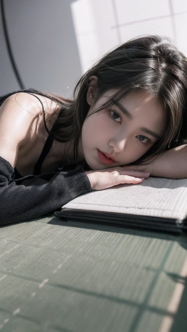 21yo girl, gray hair, (outschool:1.5), (looking foward), (prone on the bed), (prone under of viewer:1.6), (angle eye level:1.8), natural big breast, plump body,single sidelock hairpin blush, modern cinematic lighting, ray tracing, drop shadow wide shot UHD, textured skin, high details, best quality 4K, prone pose, setup face, sad, Grunge style create a photo realistic image that the viewer has never envisioned before,the image should demonstrate extreme creativity,imaginative,bold,inspiring,original in subject,original in style,amazing composition,intricately detailed,absurdly complex.