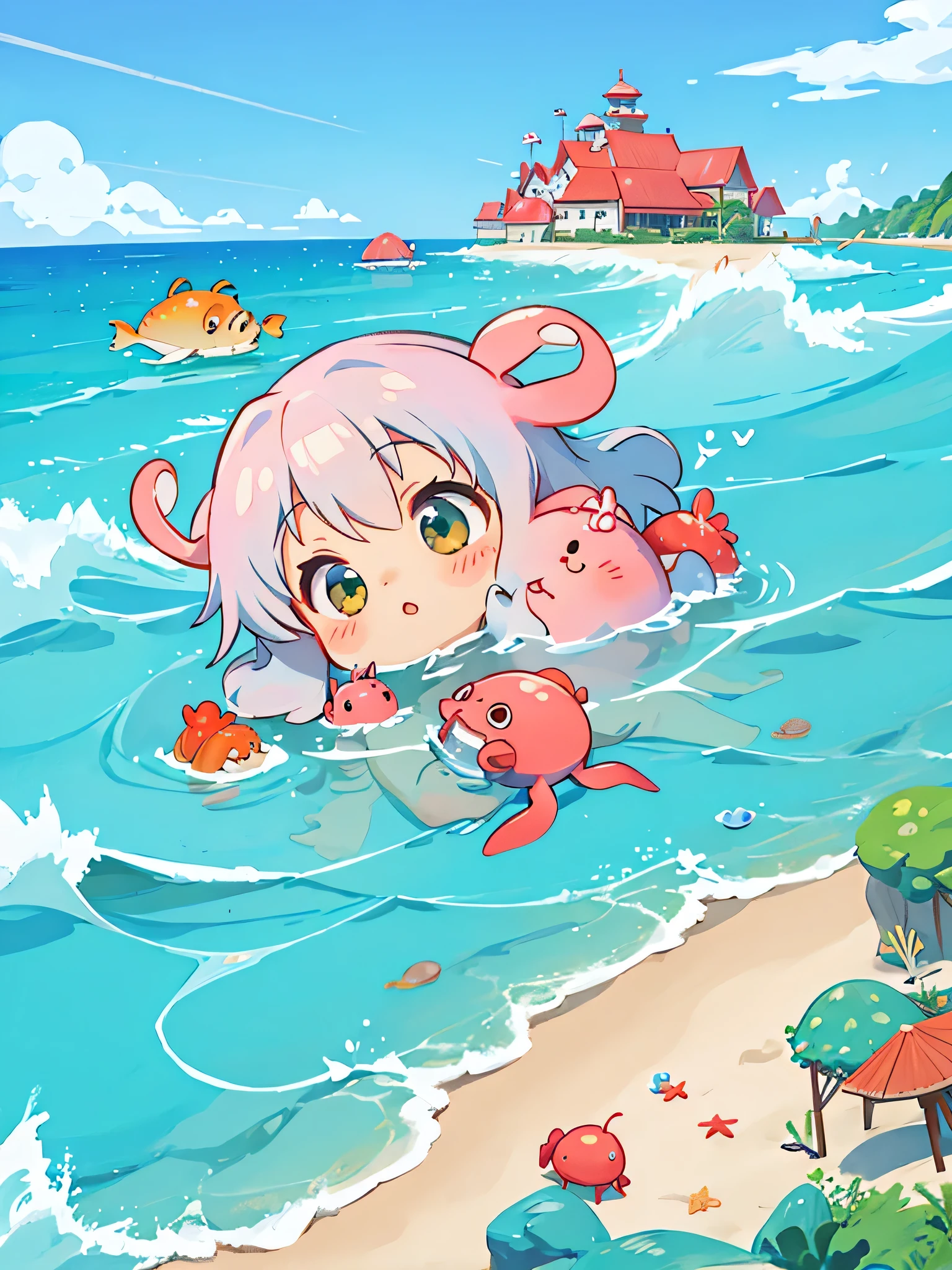 Hayao Miyazaki style, Kawaii Design, The most beautiful girl of all time、chibi, mermaid, Beach, Cute Crab, Cute octopus, shark,hot summer