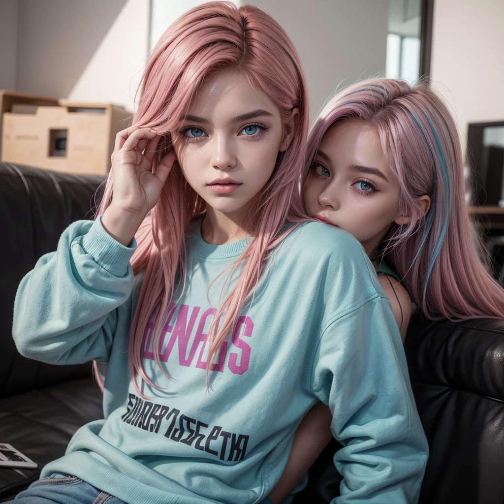 Brazilian, 20 year, role model, pink hair,blue colored eyes , badass clothing