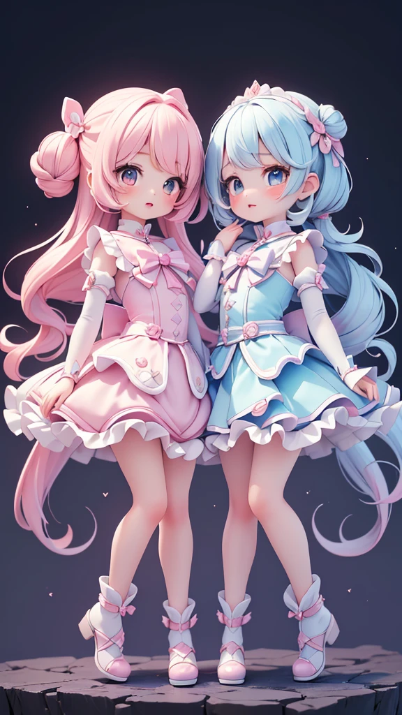 ((petite bishojo, little 2girls)), ((cute  face)), ((puffy eyes)), ((masterpiece)), ((best quality)), ((ultra detailed)), ((exquisite)), ((depth)), ((crisp)), ((8k)), ((beautiful and aesthetic)), ((super detailed skin)), ((high standard)), ((highres)), ((perfect anatomy)), (full body), (blush), (lipstick), (magical girl), (kawaii pose), (white, blue, black)