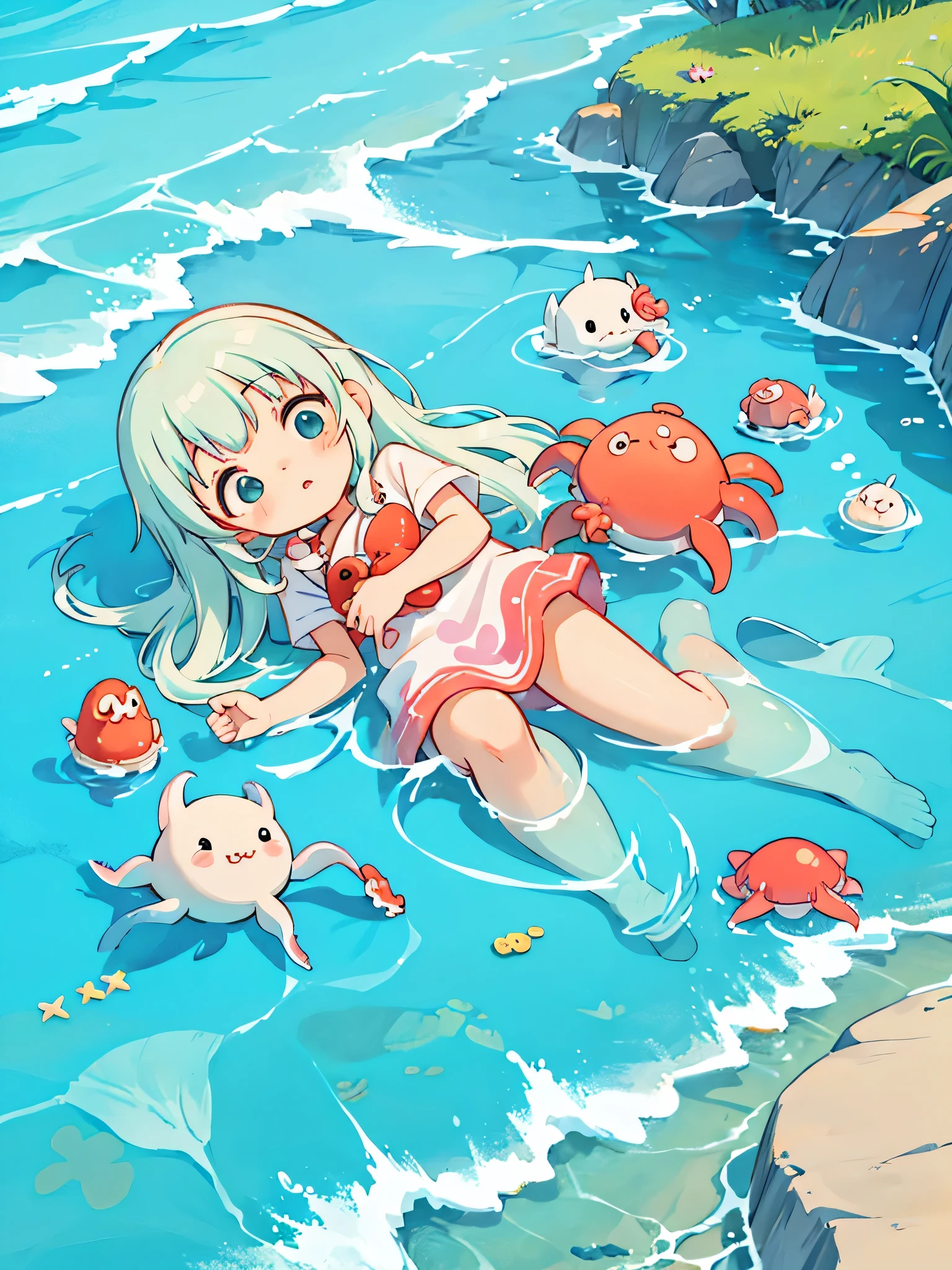 Hayao Miyazaki style, Kawaii Design, The most beautiful girl of all time、chibi, mermaid, Beach, Cute Crab, Cute octopus, shark,hot summer