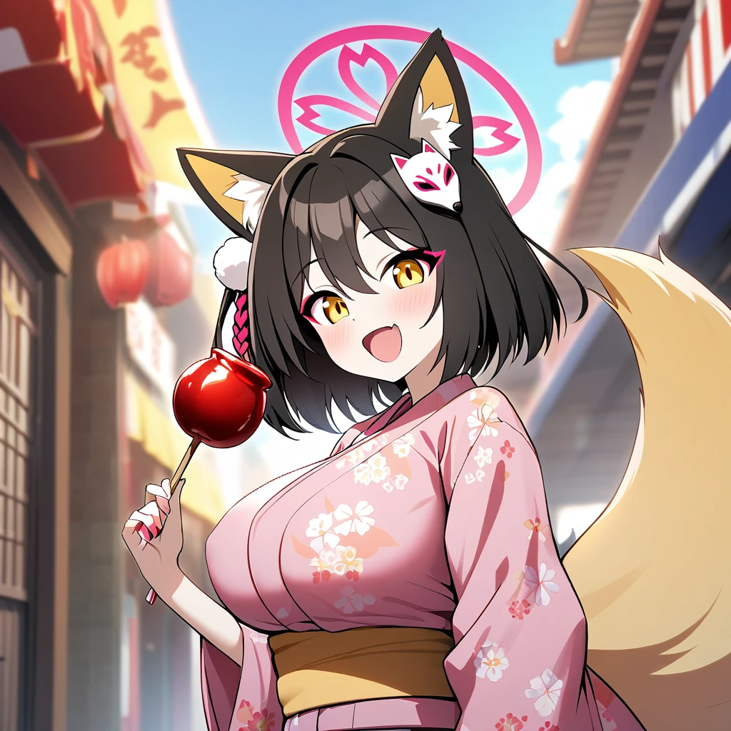 izuna(blue archive),1girl,solo,halo,Females in heat,open mouth,smile,fox ear,one Light brown thick tail,yukata,I have a one candy apple in my hand,super huge breasts,near,looking at viewer,Looks like fun,summer festival