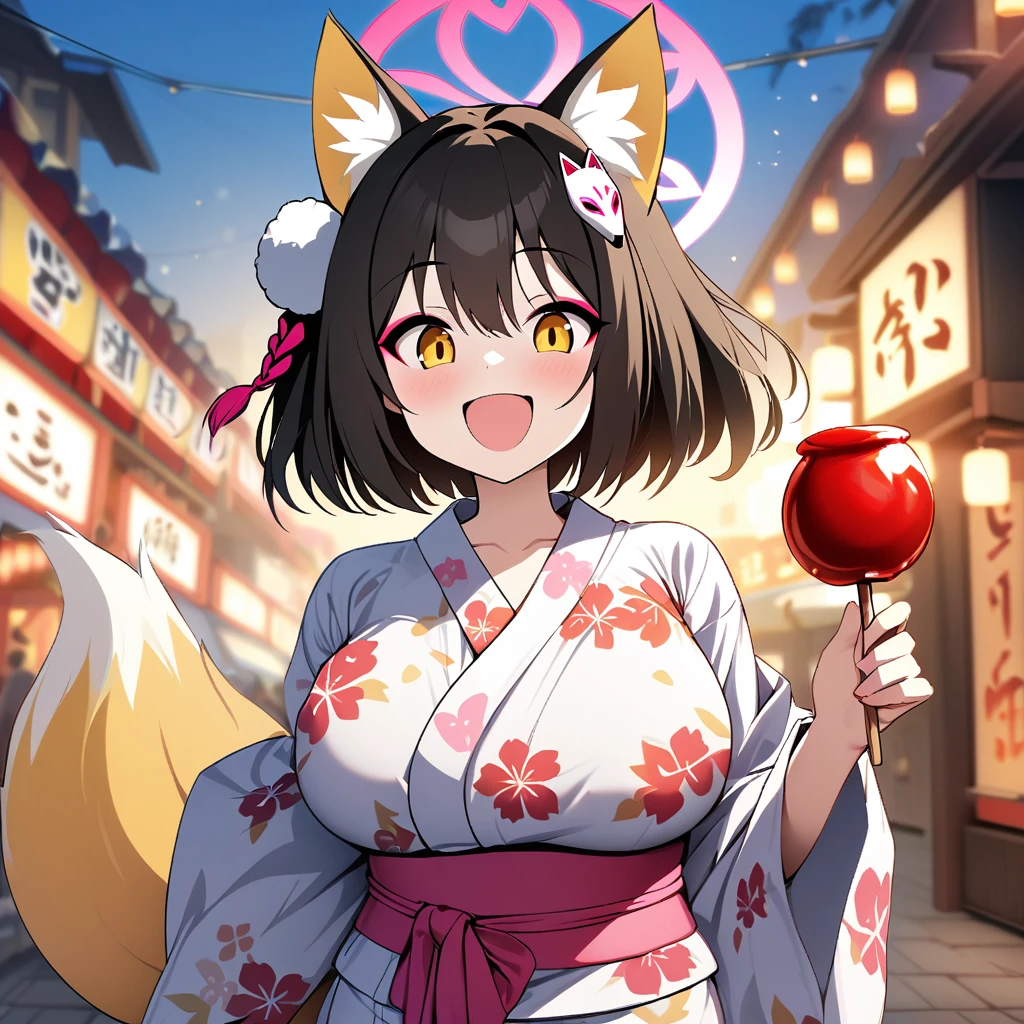 izuna(blue archive),1girl,solo,halo,Females in heat,open mouth,smile,fox ear,one Light brown thick tail,yukata,I have a one candy apple in my hand,super huge ,near,looking at viewer,Looks like fun,summer festival