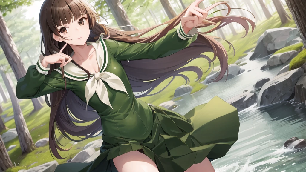 masterpiece, Highest quality, High resolution, aayoshino, , Long Hair, Twin Blade, Brown eyes, Hair that falls over the shoulders, , Sailor collar, neckerchief, Green Shirt, One piece sailor shirt, Long sleeve, Green Skirt, Long skirt, Are standing, Cowboy Shot, Outdoor, Person on the right, Shining Face