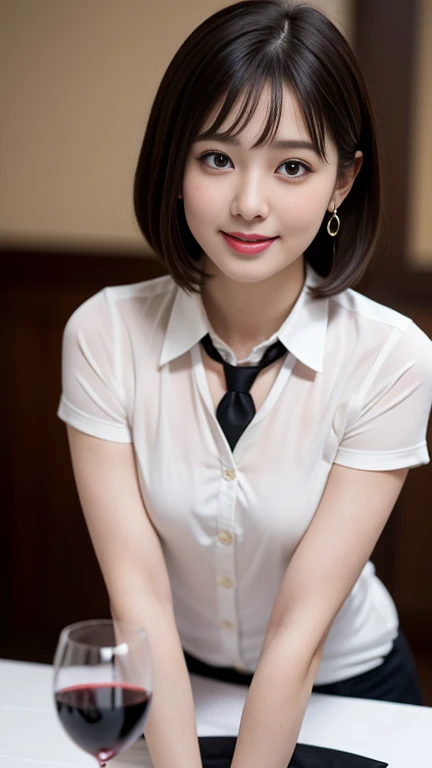 (masterpiece)、(Highest quality:1.5)、(Photorealistic:1.2)、(Surreal), (High resolution), (Realistic), (Post-processing),(Sharp focus), Sharp focus:1.2,Backlight, (Improvement of quality:1.4), (Narrow waist)、Big Ass、((Perfectly detailed five-fingered hands)),(Anatomically correct body)、((1 female:1.4))、Japanese、Realistic Skin、(Small chest:1.4)、Bust size is A cup、Pretty woman with perfect figure:1.4,(from the front:1.5), (Enhances the beauty of skin texture:1.1),No makeup、美しいBlack Hair、The best smile、Natural color lip、(Small Mouth:1.4)、The mouth is not open、Thick lips、(Oval Face)、Even bangs、Hide eyebrows with bangs、((33-year-old woman))、Bob Hair、Hair blowing in the wind, (Black Hair, Iris, Watery eyes, Shining Eyes, Bob Cut Hair, Small earrings,), Hair behind the ear、No makeup、(Drooping eyes)、(((One lovely woman)),((A big friendly smile)),(( Small breasts,Small breastsの谷間)),((((Plump Cheeks)))),((whole body:1.5)),very cute,(Baby Face),高級restaurantで、full-course dinner、Wine Party、Bright image、The beauty of wine, Beautiful Face, red wine 、Appetizers、Italian food、Wine bottle、Champagne、sparkling wine、(slimな顔), (The body is slim),restaurant, White wine, slim, wine glass, 中央に置かれたwine glass, Beautiful fine grain, Depth f/2,saturation, High Contrast, Strong light and shadow,Moist Body:1.5、3D texture、Delicate eyes、((In front of the food on the table:1.5))、White collar shirt and tie、erious expression