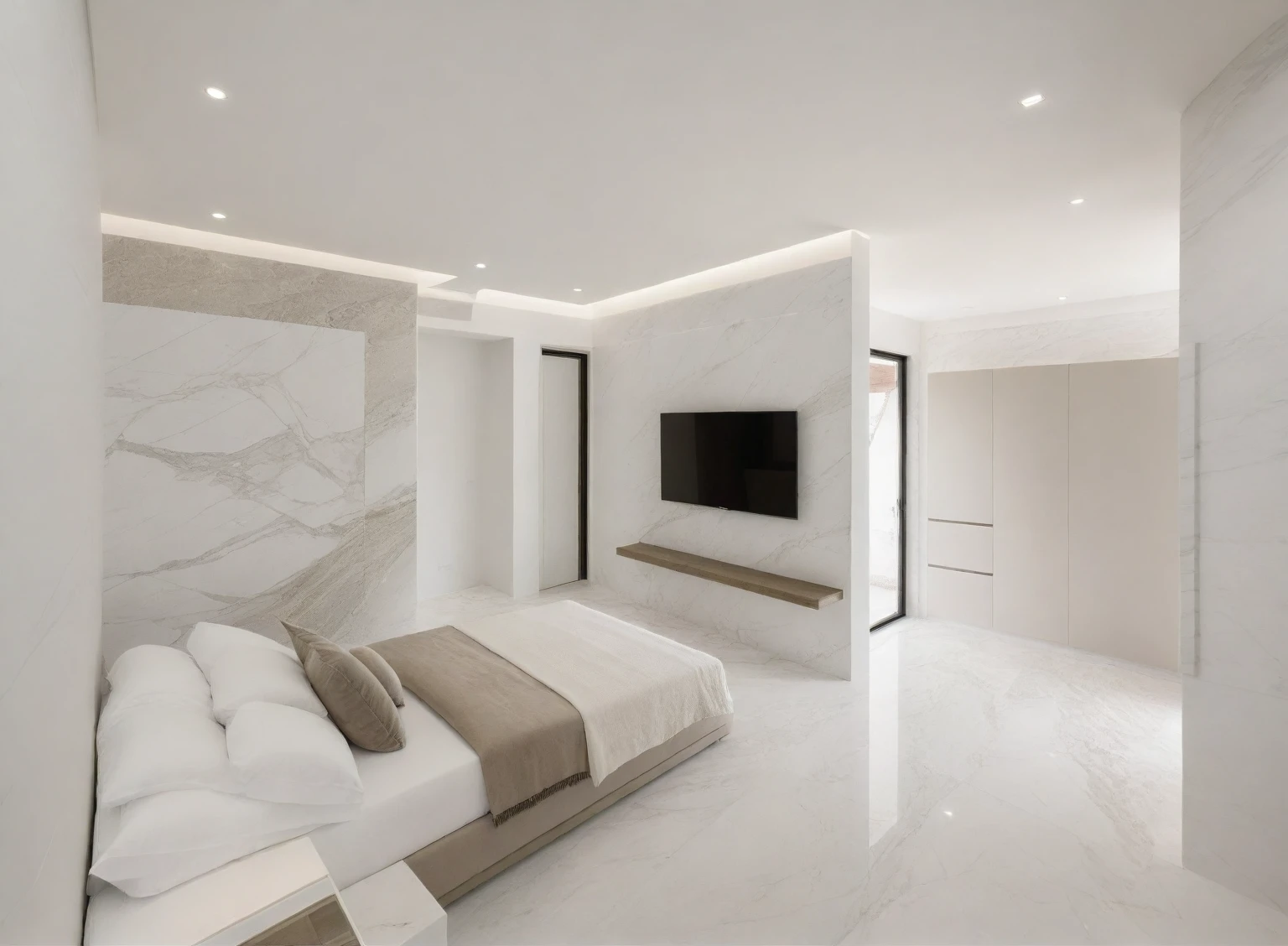 Raw photo,Masterpiece, high quality, best quality, authentic, super detail,
indoors, interior , (( BEDROOM :1.3)), modern style, daylight, (WHITE WALL),luxury, marble tile floor,