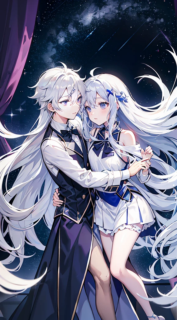long silver-white hair and waist，stray hair curtain，two hair curtains，Dark purple eyes，high light，Dear students，a fancy turn，Like dancing，Dark blue sailor uniform off-shoulder dress，White bloomers show some.，light blue bow tie，crystal hairpin，Under the starry night sky，，chiquita，medium build，