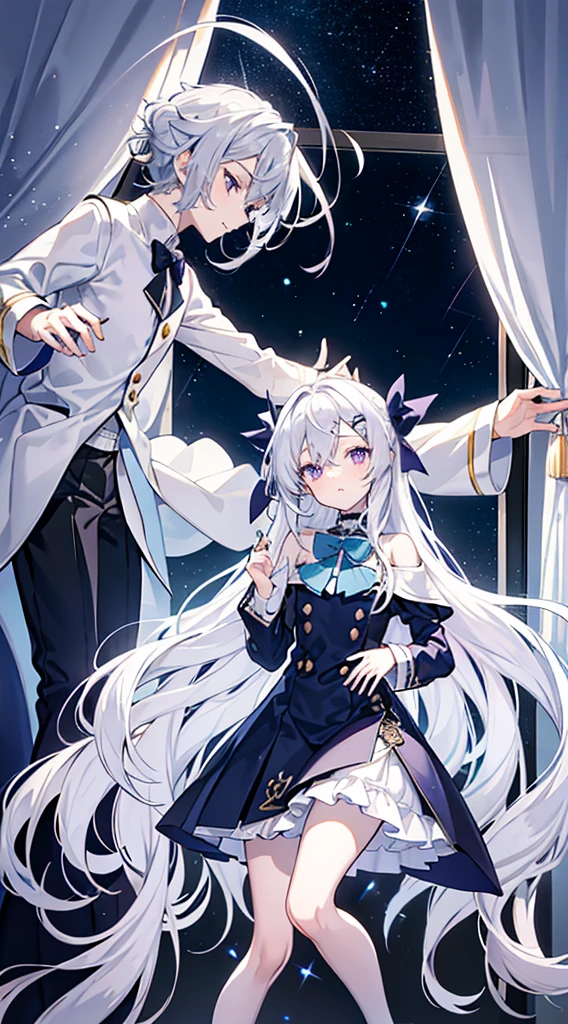 long silver-white hair and waist,stray hair curtain,two hair curtains,Dark purple eyes,high light,Dear students,a fancy turn,Like dancing,Dark blue sailor uniform off-shoulder dress,White bloomers show some.,light blue bow tie,crystal hairpin,Under the starry night sky,,chiquita,medium build,