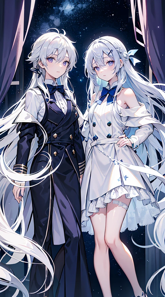long silver-white hair and waist，stray hair curtain，two hair curtains，Dark purple eyes，high light，Dear students，a fancy turn，Like dancing，Dark blue sailor uniform off-shoulder dress，White bloomers show some.，light blue bow tie，crystal hairpin，Under the starry night sky，，chiquita，medium build，