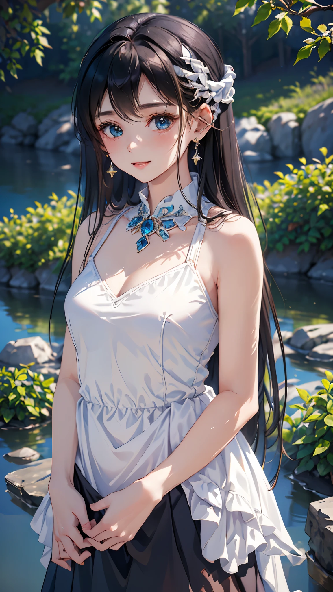 ((masterpiece)), ((highest quality、Ultra high definition)), (Very detailed),8K、Photo quality、((Amazingly cute girl)),((())), Two people, , (Beautiful emerald blue eyes), ((smile)),In the open-air bath overlooking the sea, Beautifully arranged black hair in twin tails、whole body、Cute lolita maid stylimsuit))、Professional Lighting、(White lace knee-highore detailed and beautiful)、(More details and cutenesore realistic)、(((Just wear light clothing)))、プールではしゃぐ、