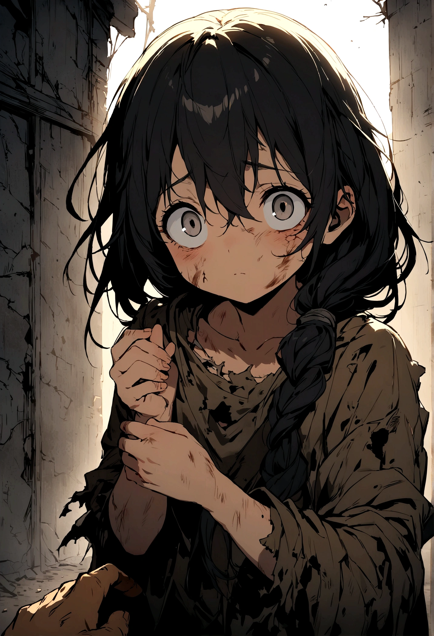 (((Best quality))), high detail, depth of field, Focus: 1.2, Cat and post-apocalyptic  girl, Tired eyes, Perfect eyes, big eyes, Torn and rotten clothes, Hair tangled in rags, Skin damaged by dirt and grime, abandoned, Dark room with broken windows, a man takes a splinter out of a boy's hand