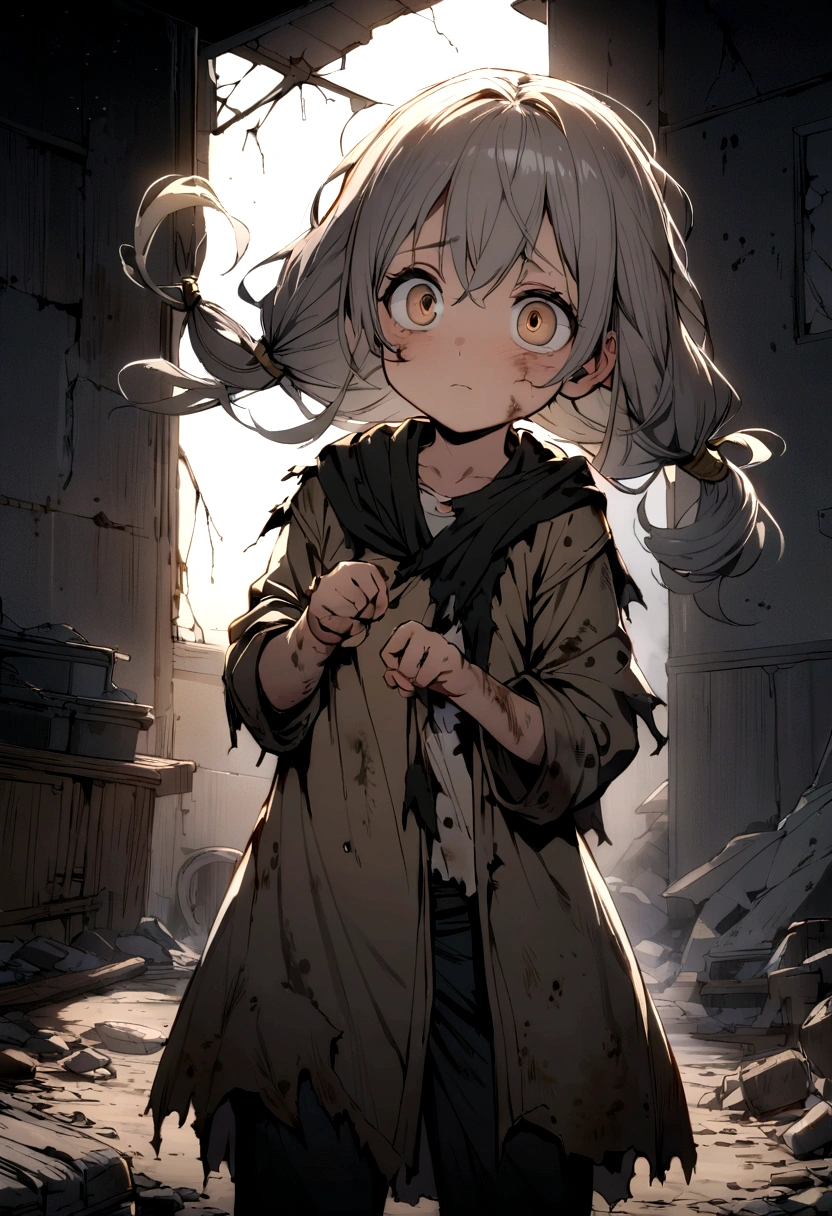 (((Best quality))), high detail, depth of field, Focus: 1.2, Cat and post-apocalyptic 10 year old girl, Tired eyes, Perfect eyes, big eyes, Torn and rotten clothes, Hair tangled in rags, Skin damaged by dirt and grime, abandoned, Dark room with broken windows, a man takes a splinter out of a boy's hand