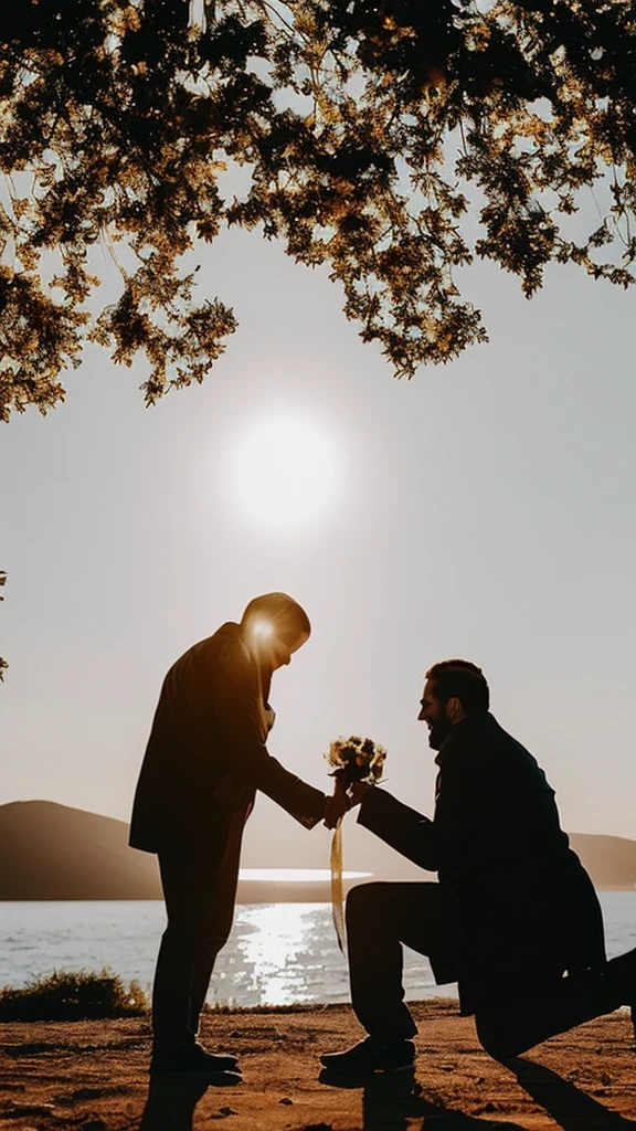 A romantic scene depicting a couple in love, with a man proposing to a woman on one knee, holding a ring, under a starlit night sky, symbolizing eternal love and commitment.