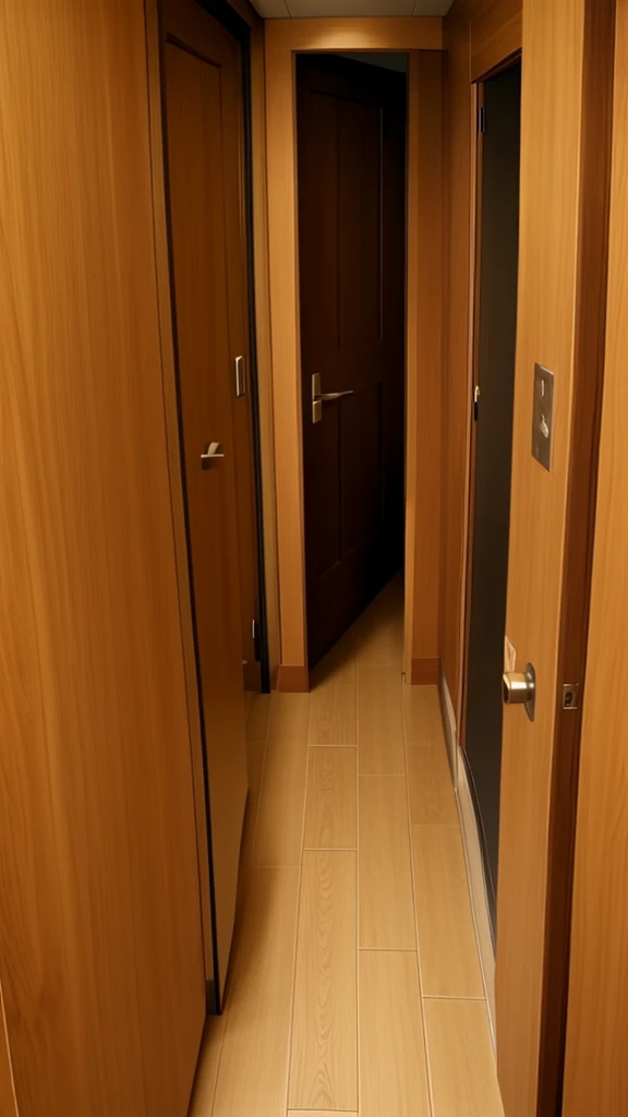 View of a slightly open wooden door in a ambient hotel hallway and a beige wall
