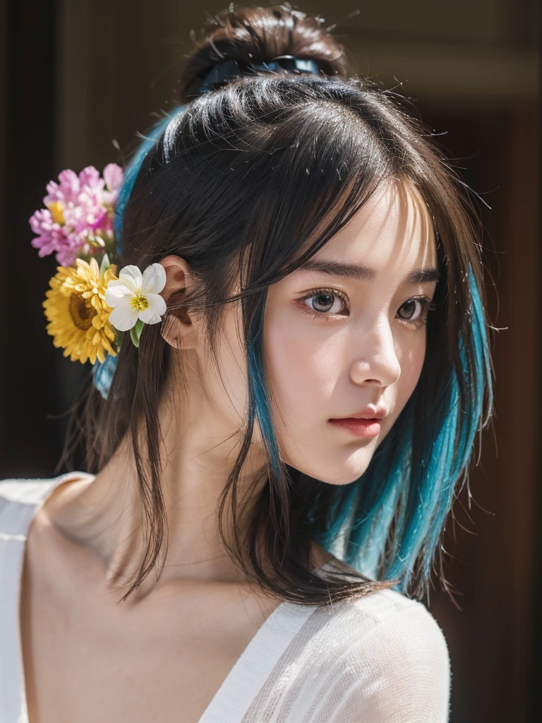 (masterpiece), (best quality), (ultra detailed),(disheveled hair),(illustration), (1girl), (Fashionable clothing), standing, Fashion model, looking at viewer, (interview), (simple background),beautiful detailed eyes, delicate beautiful face, Floating,(high saturation),(colorful splashes),colorful bubble,(shining), focus on face, ponytail, kamisato ayaka, light blue hair, bangs, hair ring, floating flowers, floating hairs, (shining), best lighting, best shadow,