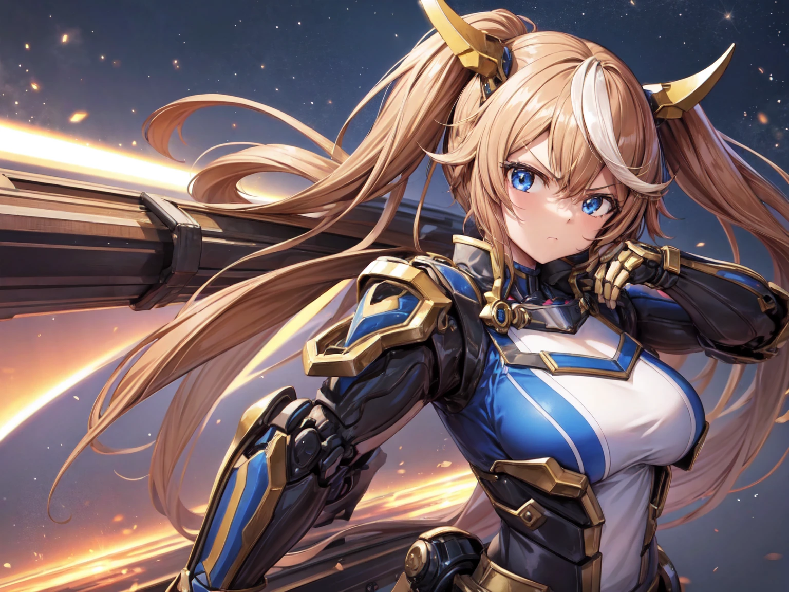 1girl, Tokai Teio, big breast, mecha musume, mechanical wing, serious face,