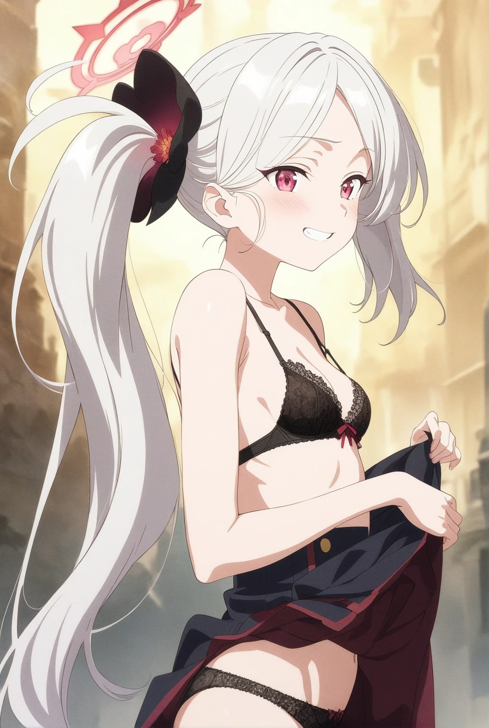 best quality, amazing quality, very aesthetic, absurdres, (1girl, mutsuki, blue archive, solo, red eyes, white hair, side ponytail), (realistic face:0.9),(lace-trimmed bra:1.8),dress lift, (grin, blush, thigh:1.3), (cowboy shot), (glistening eyes), (from side:2), (official art:1.3), (panties around one leg), expressive eyes, perfect face, extremely detailed eyes, perfect anatomy, smooth skin, (anime background:1.5), clear eyes, beautiful face, small breasts,(anime style:1.7), (Warm Light:1.5), (highres:2),