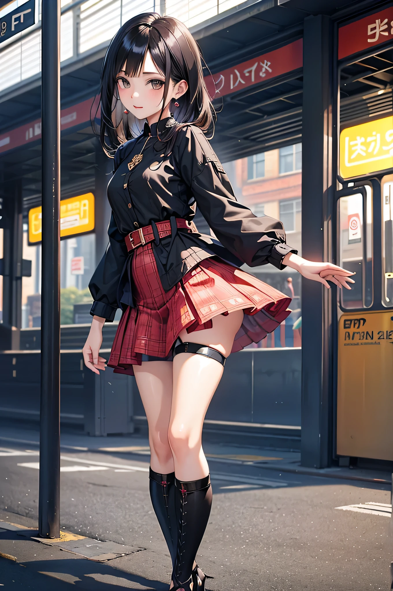 ((Biologically correct limb count)),(( From head to toe,Full-body photo including face)),4K,((Standing position)),masterpiece,((Focus on the face)),((Symmetrical facial features)),Eyes with detailed description,Beautiful woman,Great style,Beautiful arms,Beautiful legs,Beautiful Hands,(Small Ass,Thin thighs),Facial detailing,Small earrings,necklace,(Rubber Y-shirt,mini skirt((High heels,Patterned stockings))),((Meet at the station)),Silk gloves,(((Black Hair))),Realistic photo,25-year-old woman