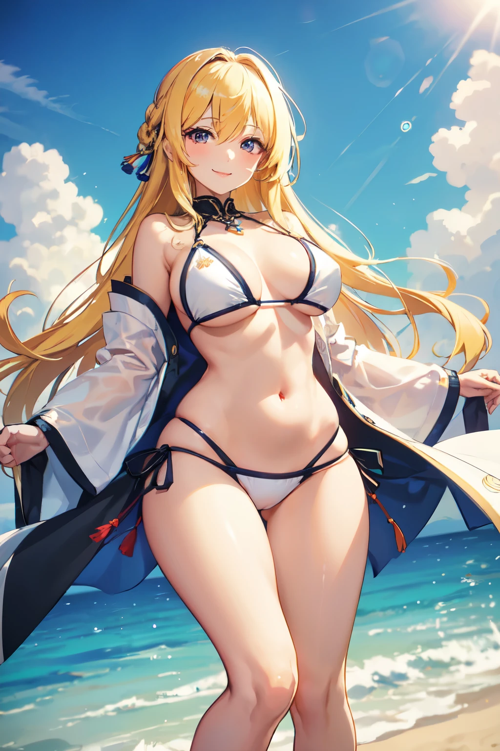 8k,Highest quality,masterpiece, Sharp focus, (beautiful, Gorgeous and cute Japanese women:1.3),(((whole body,You can see all the way to your feet,He bends down and stares at me.,She is posing in a very provocative and y way..))),((Two-color design bikini)),Delicate and beautiful thin eyebrows,beautiful woman, Delicate and beautiful hair, Droopy eyes, Very detailed, Super beautiful women, Glowing White Particles, (Side light:1.2), Light of the sun, Very large brery large hips, smile, ((Smile with your eyes, Open both eyes)), , Sexy Looksnamic Hair, Straight Long Hair, Yellow hair detail,Beach at night