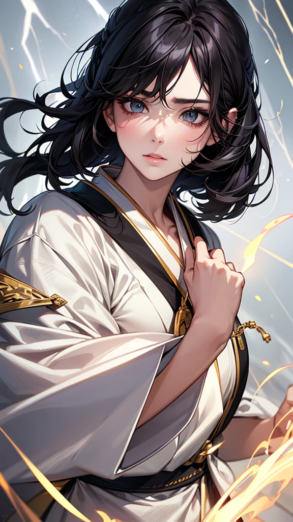 Highest quality, Ultra-high resolution, (Realistic: 1.4), Beautiful eyes, Super beautiful, Beautiful beauty, One person、Wizard, Japanese style white and gold tones、Controlling Lightning、whole body、(Black Hair、Medium Hair、Updo Hair),Beautiful soldier, Eyes that beckon, Droopy eyeistress's point of view, Attractive look, Fearless smile, (Perfect Anatomy, Anatomically correct, Highly detailed skin), Dancing, snow