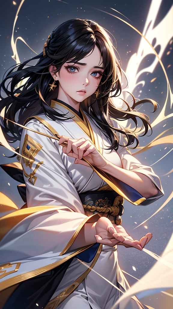 Highest quality, Ultra-high resolution, (Realistic: 1.4), Beautiful eyes, Super beautiful, Beautiful beauty, One person、Wizard, Japanese style white and gold tones、Controlling Lightning、whole body、(Black Hair、Medium Hair、Updo Hair),Beautiful soldier, Eyes that beckon, Droopy eyeistress's point of view, Attractive look, Fearless smile, (Perfect Anatomy, Anatomically correct, Highly detailed skin), Dancing, snow