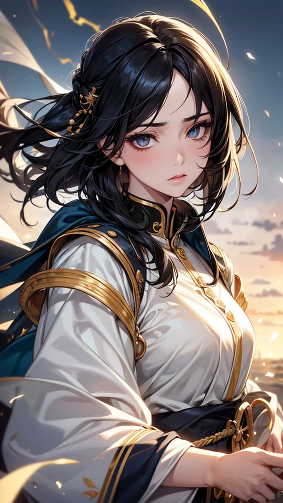 Highest quality, Ultra-high resolution, (Realistic: 1.4), Beautiful eyes, Super beautiful, Beautiful beauty, One person、Wizard, Japanese style white and gold tones、Controlling Lightning、whole body、(Black Hair、Medium Hair、Updo Hair),Beautiful soldier, Eyes that beckon, Droopy eyeistress's point of view, Attractive look, Fearless smile, (Perfect Anatomy, Anatomically correct, Highly detailed skin), Dancing, snow