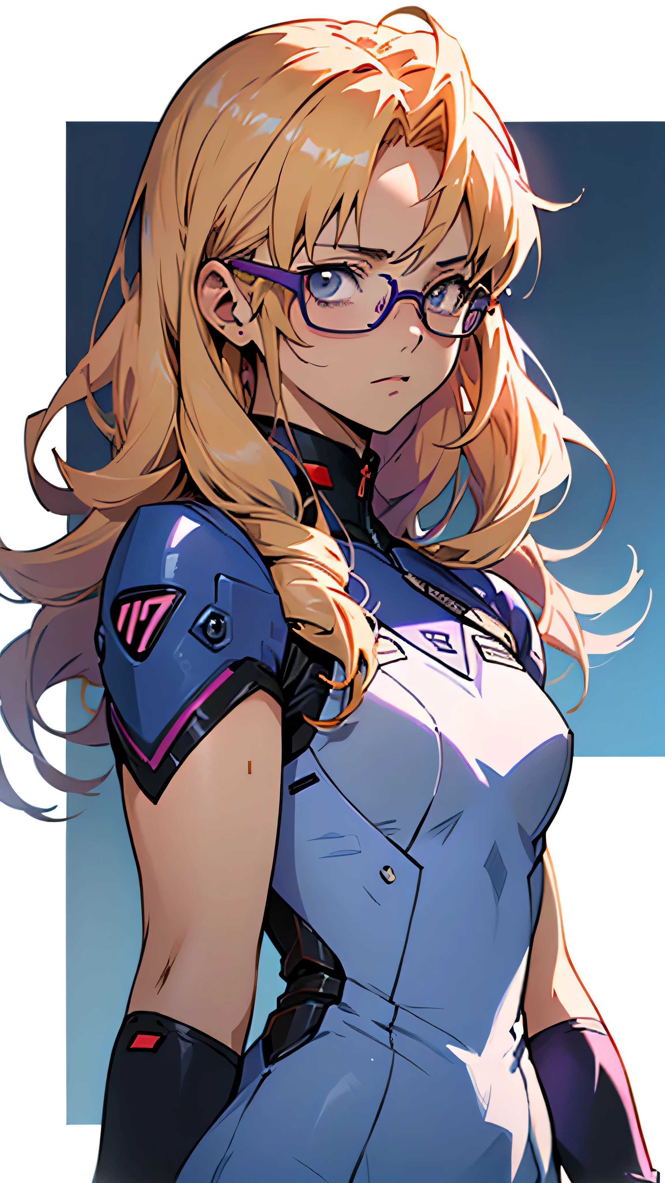 anime,An illustration,purple robot,Mobile Suit,Dom,Light blue check dress,Red glasses,Blonde,Light blue mesh hair,beautiful girl,Sora Sakurano,One person