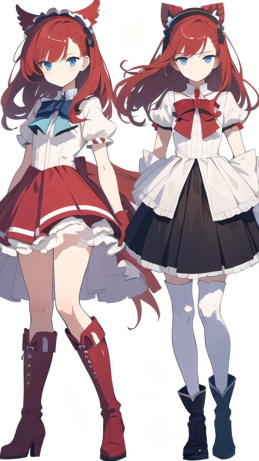 Magical girl,Red Hair,Red, white and black mixed lolita skirt,Blue Eyes,Red and white long boots,White stockings,no head gear,Sad expression,Pure white background,Gloves,