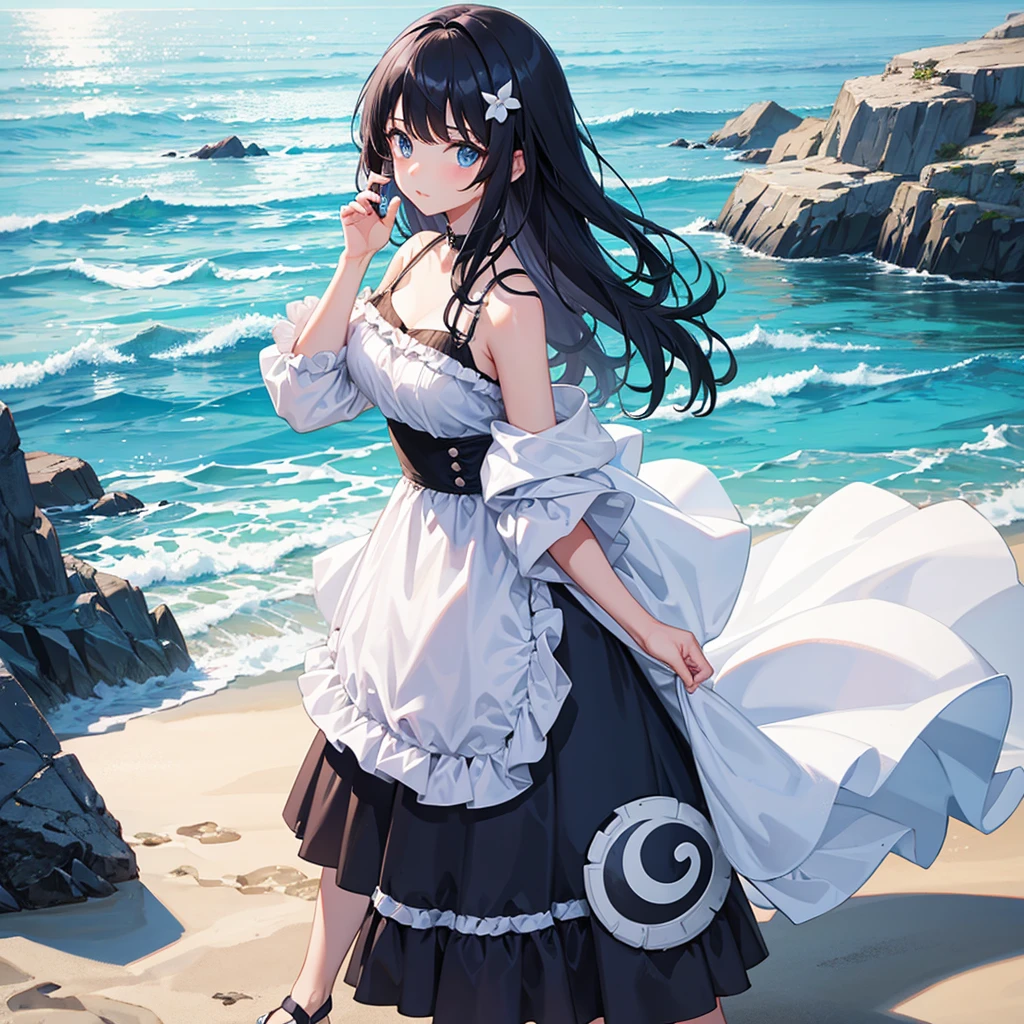 Girl, oreo hair, blue eyes, in the beach, in dress