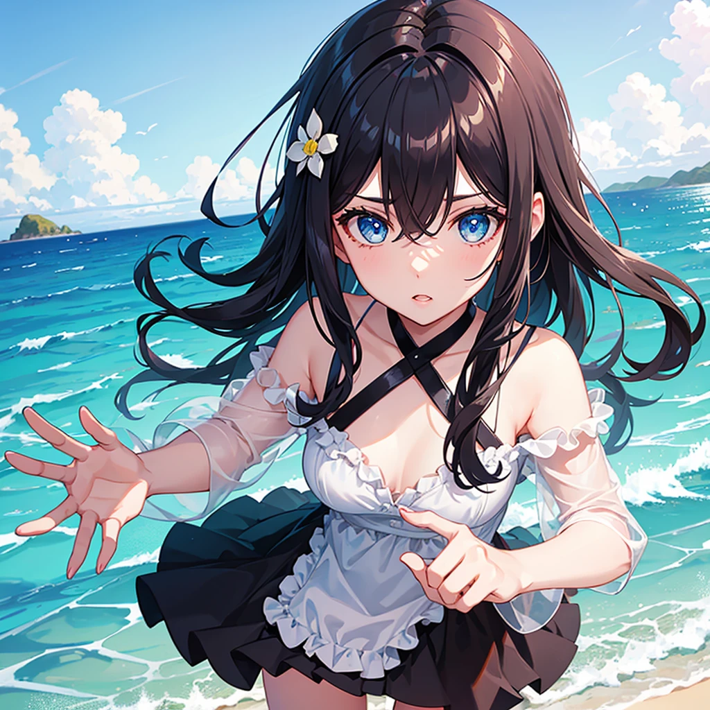 Girl, oreo hair, blue eyes, in the beach, in dress 
