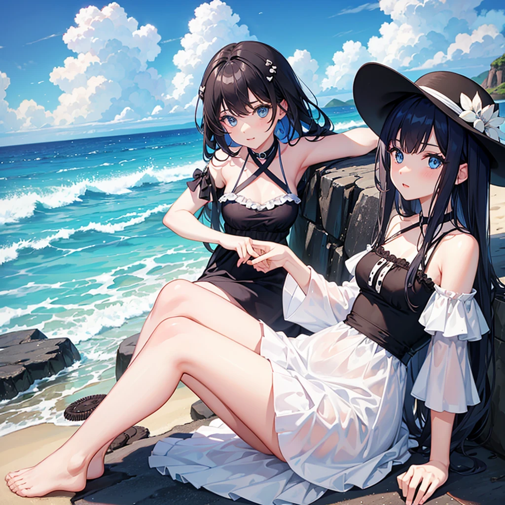 Girl, oreo hair, blue eyes, in the beach, in dress 
