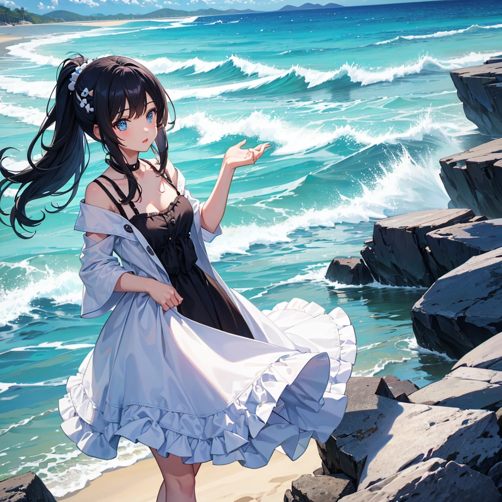 Girl, oreo hair, blue eyes, in the beach, in dress 
