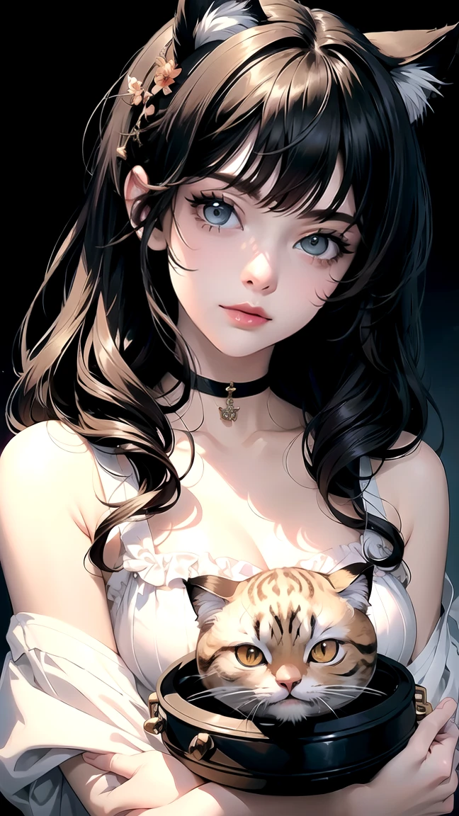 (Highest quality, Masterpiece, high resolution)、(anime art)、,Cinema-grade lighting system、soft light、girl、black hair、Striped cat outfit、cat ears、 hair accessories、choker、Charming smile、Medium bust、Slick post.、Jarachi Cat((peach blossom background))、Gothic style background,high definition,120,000,HD,