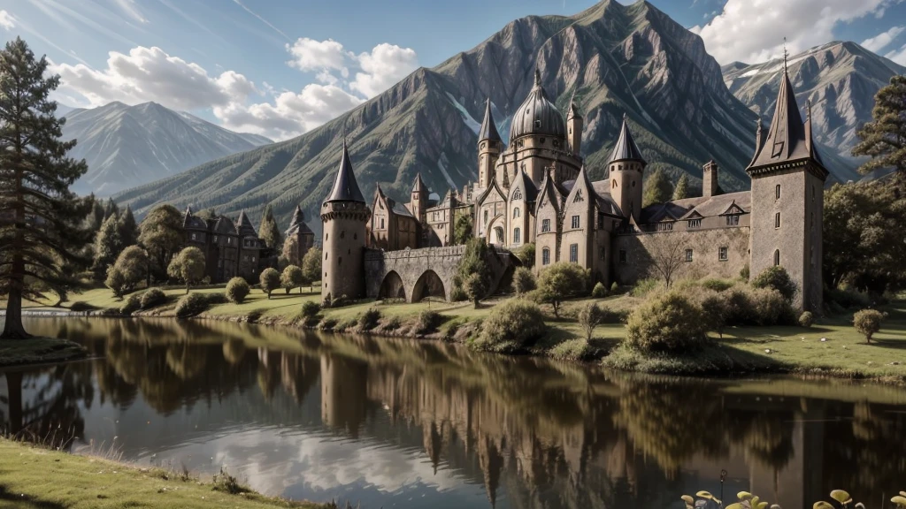 2ruined castle facing a lake, where its reflection hits the water and reflects on this in its glory days  
