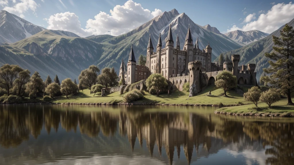 2ruined castle facing a lake, where its reflection hits the water and reflects on this in its glory days