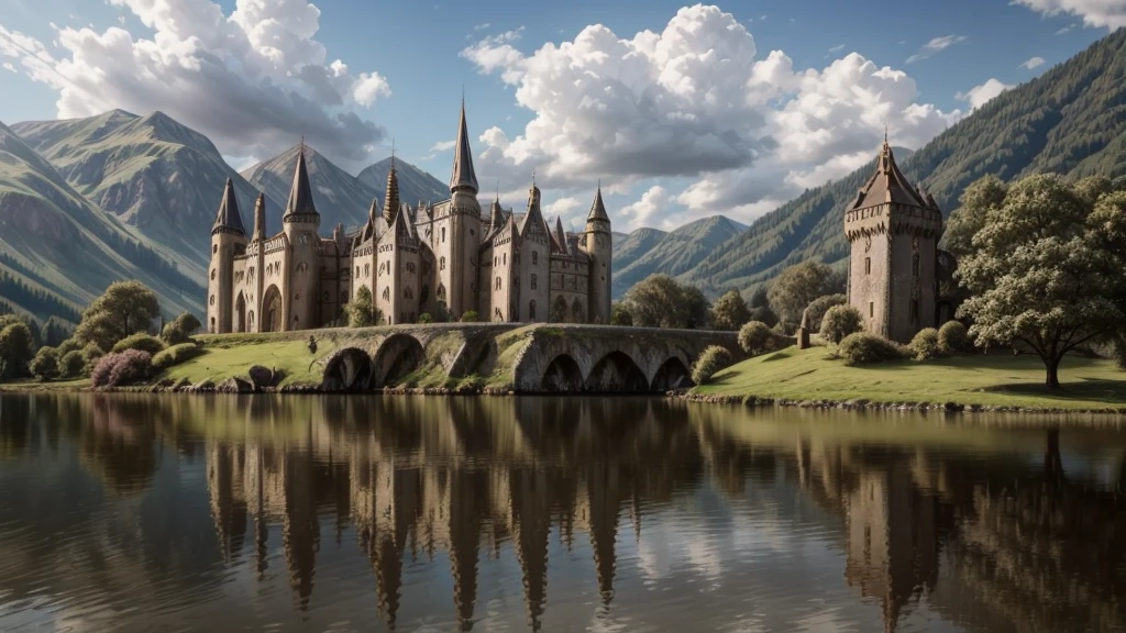 2ruined castle facing a lake, where its reflection hits the water and reflects on this in its glory days  