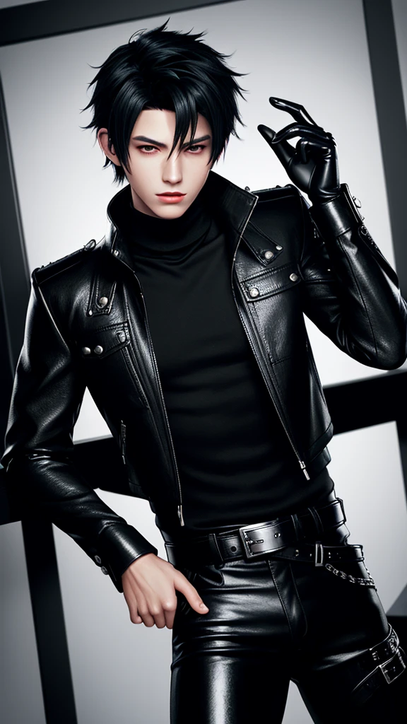 Final fantasy taste and reality graphics, Japanese young cute and cool ikemen  boy, his age is early 20s, thin eyebrows and beady eyes,  he wearing black color leather thick singlebrest biker jacket, with epaulet,  must close the front of the leather jacket, jacket is biker style, jacket is voluminous, , jacket collar is high length stand-up collar with belts, jacket is a little black line pattern,close the front of the jacket, also wearing black thick turtleneck lackluster shirts,  tight black leather pants, shiny black leather tight and thin glove, black leather knee-high raceup boots,must views  head-to-toe,must views whole body, boy looks like fashion model,Do not show skin from the neck down,leather jacket leather glove and leather pants have few wrinkles,boy in the room,