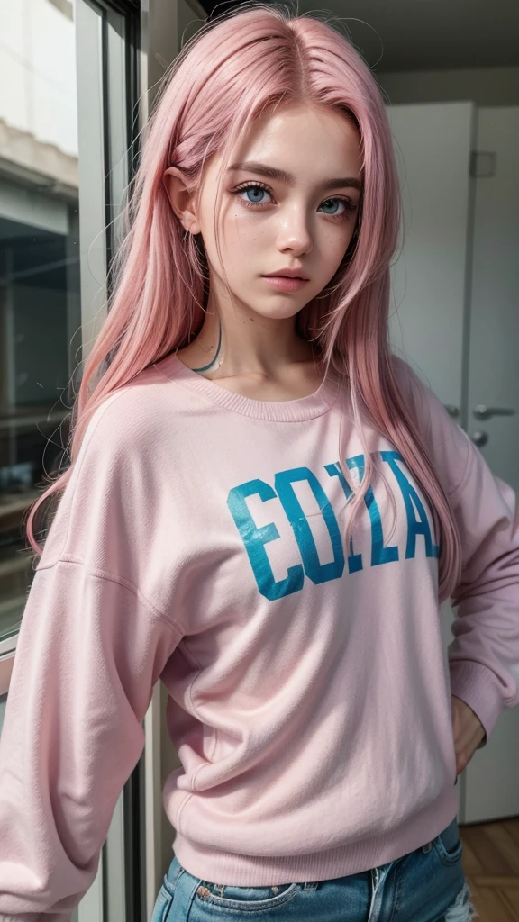 Brazilian, 20 year, role model, pink hair,blue colored eyes , badass clothing