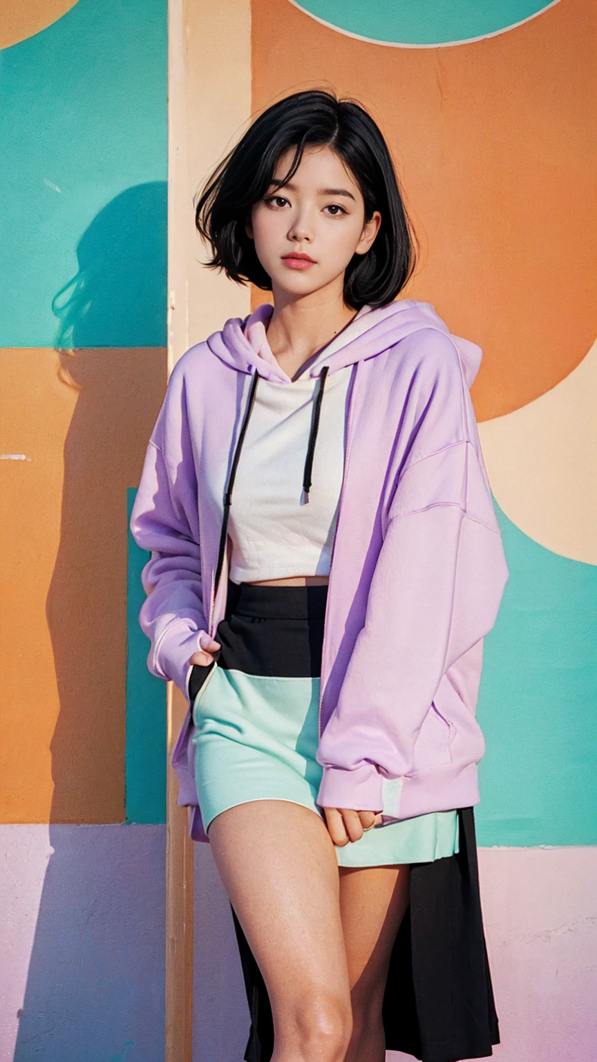 35mm Vintage photo of long shot portrait of cute 23 yo girl ,(perfect natural breast),wear ((orange color oversized hoodie)), wear ((purple tennis skirt)),looking viewer,Best Quality,Masterpiece,Ultra High Resolution,(Realisticity:1.4),Original Photo, 1Girl, light leak,ultra high resolution,UHD,beautiful, (black bob hair), almond eye, no makeup, in front of (((A retro ice cream shop with pastel-colored walls))), (realistic:1.2), (surreal:1.3), (very detailed:1.1), ((masterpiece)),los angles vibes,film camera, 800mm lens,style of ,beautiful face, (realistic face), (black hair, short hair:1.3), analog film photo, Kodachrome