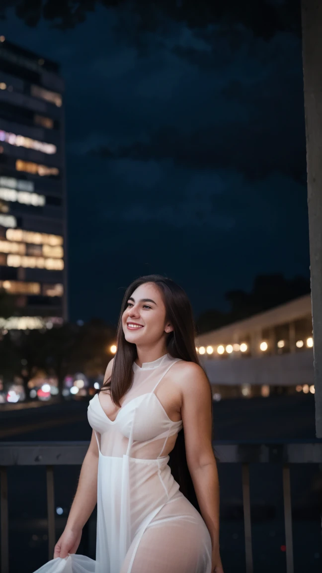 1 Girl, Beautiful, , 20 Years Old, White Skin, Huge Colossal Breasts, (White See Through Dress), Grey Eye, ((Long Hair)), Muscles, Bokeh, ((night:1.3)), ((dark:1.3)), Street Crowd Background, Masterpiece, Foggy, Look To Viewer, Laugh, (Kiss Viewer)