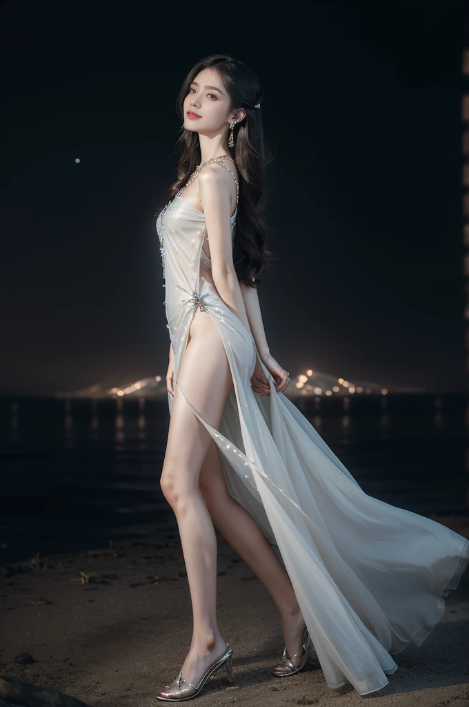 (((best quality))),(((ultra detailed))),(((masterpiece))),illustration,((A beautiful female astrologer,solo)),((slim,thin)),((small breasts,flat chest)),((shoulder length straight hair)),(laughing:1.2),(earrings,necklace),(sparkled sheer shirt-dress:1.3),(slender legs),standing beneath a magical summer night, stars twinkling in the velvety darkness,starry sky, sapphire eyes filled with wonder, flowing ethereal gown mimicking the stars, silver pendant shaped like a horoscope,serene smile and captivating gaze, celestial beauty and mystery, solace and inspiration in the vast expanse of the universe,((from front,full body,arms behind back))
