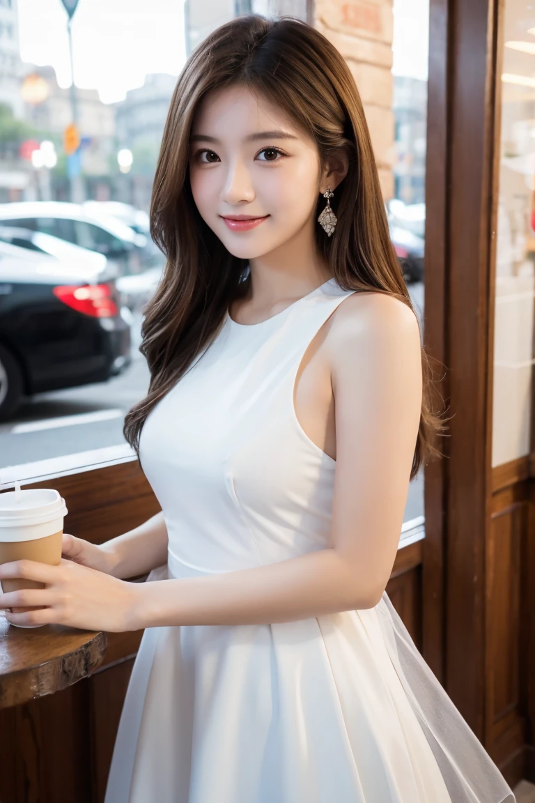 ((Highest quality, 8K, masterpiece :1.3)), 1 Girl, smile, whole body, Face thinning, Beautiful woman, (Dark brown hair), full length white dress :1.1, Highly detailed face, Delicate eyes, double eyelid, Blurred Background, Face thinning, city, Cafe,Date,coffee