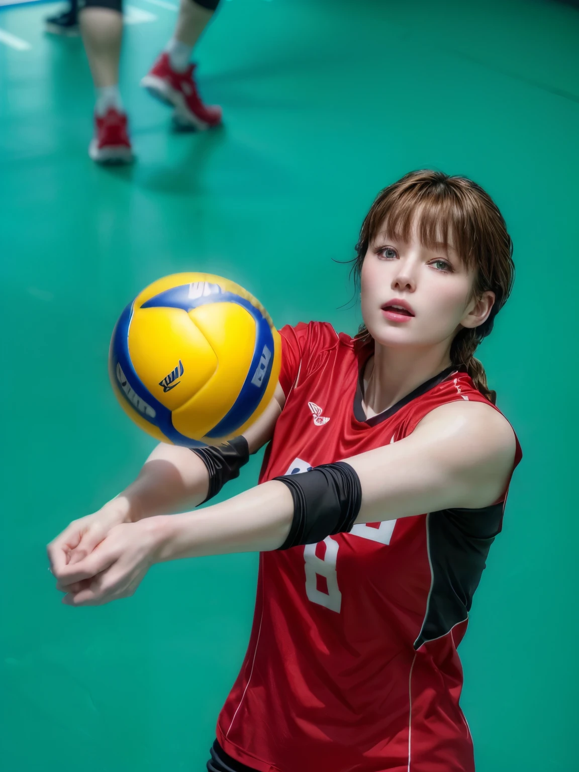 A woman in her fifties wearing a red shirt serving a volleyball ball on an indoor court, ,,,,Svelte Body,Average Breasts,(Pale milky porcelain skin, Milky skin,, White skin like porcelain,Pure white skin,Smooth transparent white skin:1.0),Soft Portrait Shot 8k, , Photorealistic perfect body, Real young gravure idol, , Photorealistic Animation, ,,(8K, RAW Photos, Ultra-high resolution, highest quality, masterpiece:1.2), (Realistic illustrations), (Highly detailed CG Unity 8k wallpaper),