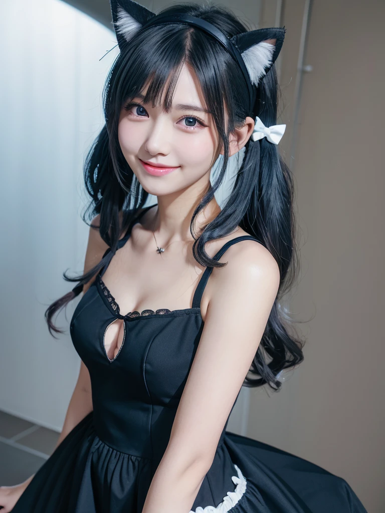 Masterpiece, best quality, cat ear, 1girl,light Blue hair,cowboy shot,black headband,black dress, curly low twin tail hair,light smile, clothing heart shaped cutout,